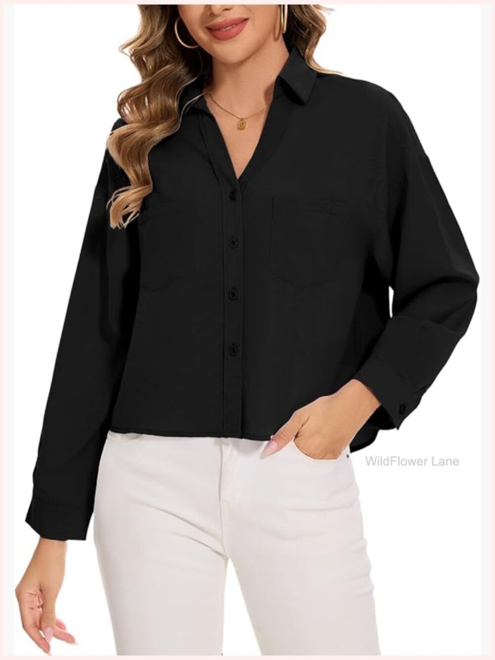 Button Down Crop Top Blouse Short Sleeve V-Neck with Chest Pocket